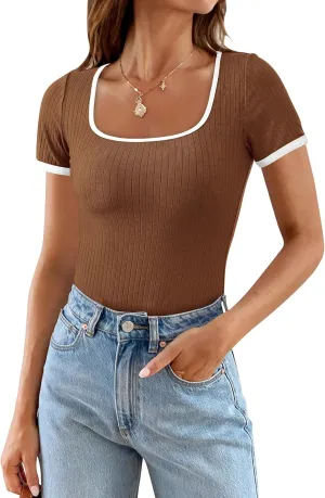 PRETTYGARDEN Women's Summer Short Sleeve T Shirts Ribbed Knit Square Neck Color Block Slim Fit Basic Casual Crop Tops Blouses