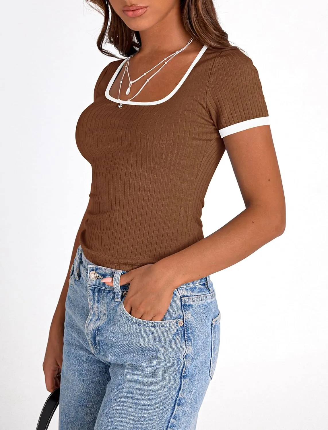 PRETTYGARDEN Women's Summer Short Sleeve T Shirts Ribbed Knit Square Neck Color Block Slim Fit Basic Casual Crop Tops Blouses