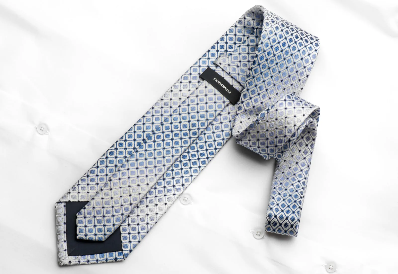 Renoma Men's Rhinestone Silk Necktie Blue Trellis On White With Silver Sparkles