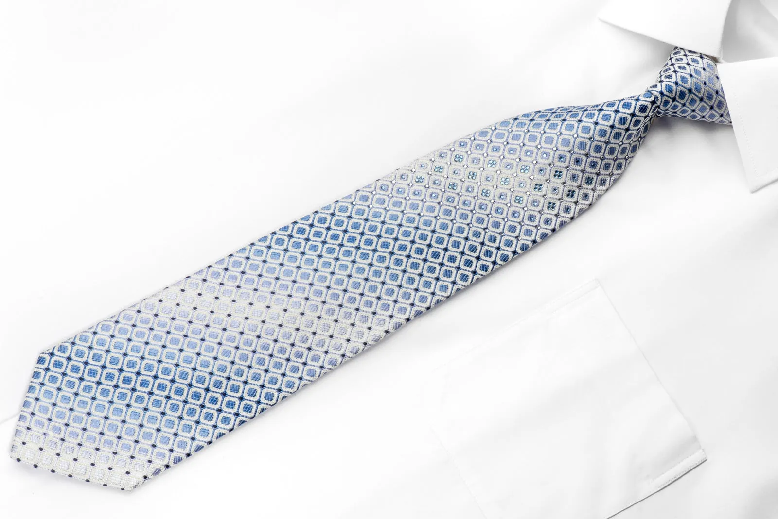 Renoma Men's Rhinestone Silk Necktie Blue Trellis On White With Silver Sparkles