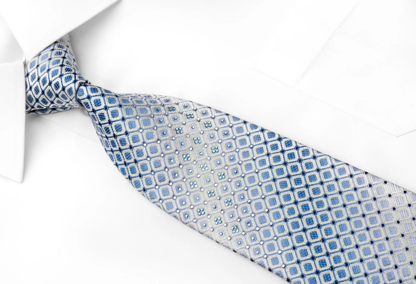 Renoma Men's Rhinestone Silk Necktie Blue Trellis On White With Silver Sparkles