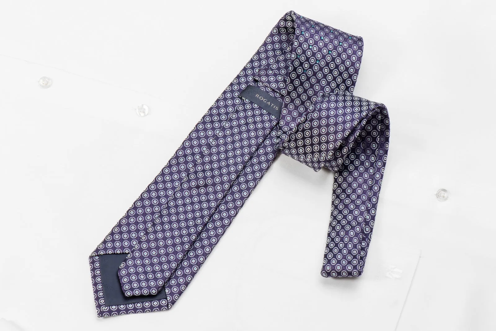 Rogatis Men's Crystal Silk Necktie Silver Geometric Dots On Purple With Blue Sparkles