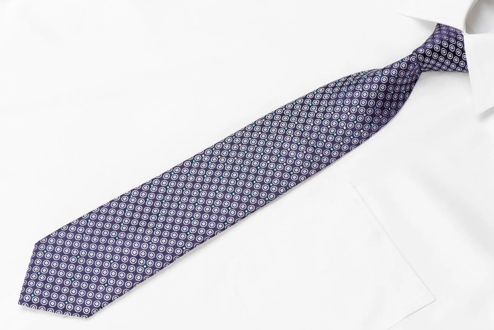 Rogatis Men's Crystal Silk Necktie Silver Geometric Dots On Purple With Blue Sparkles