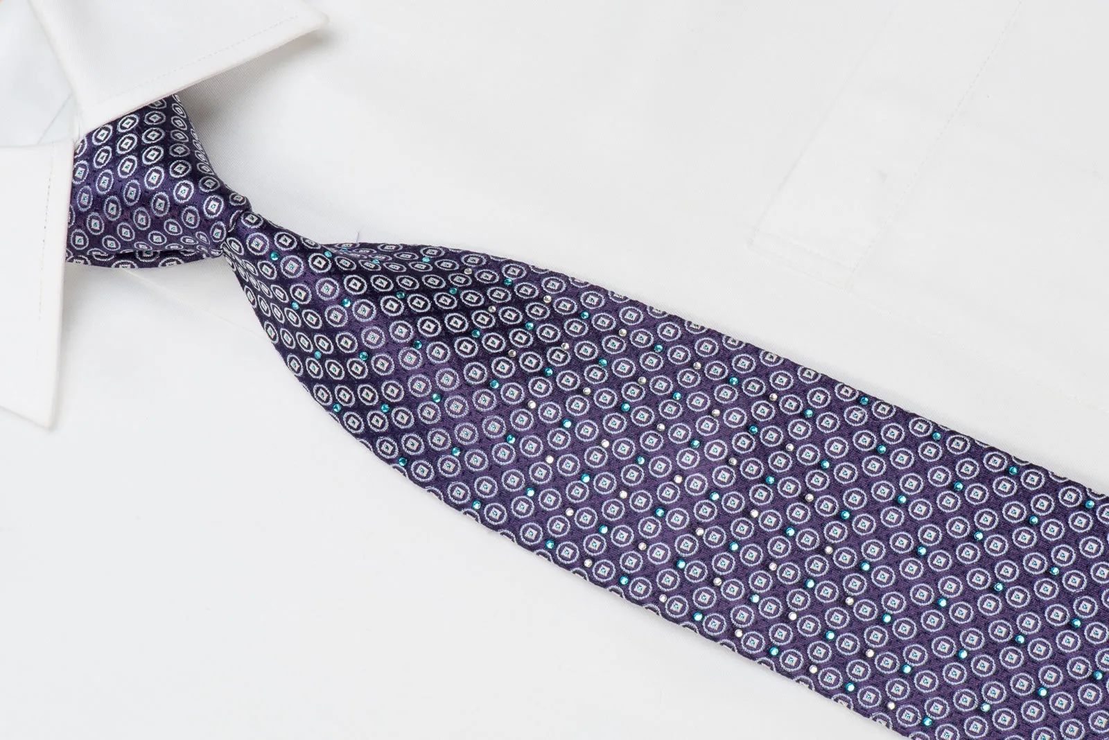 Rogatis Men's Crystal Silk Necktie Silver Geometric Dots On Purple With Blue Sparkles