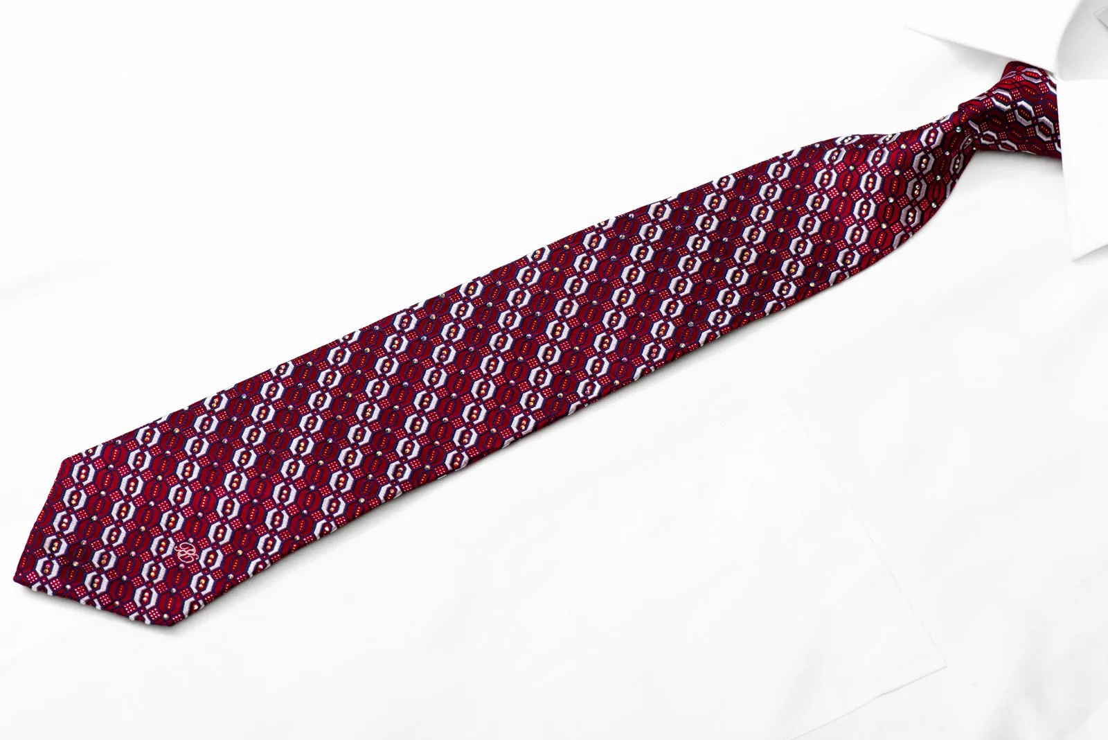 Silver Navy Geometric On Burgundy Rhinestone Silk Tie With Silver Sparkles