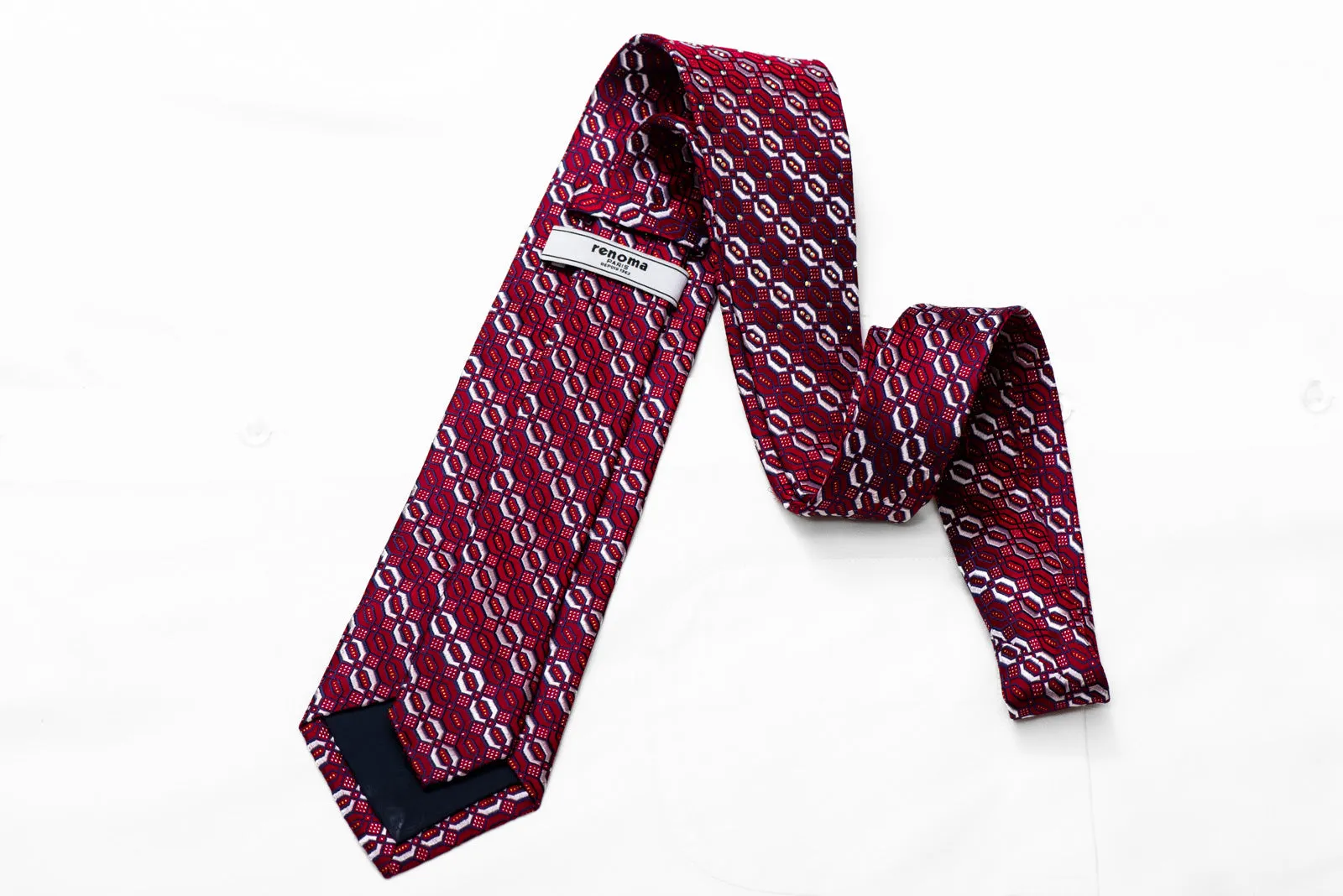 Silver Navy Geometric On Burgundy Rhinestone Silk Tie With Silver Sparkles