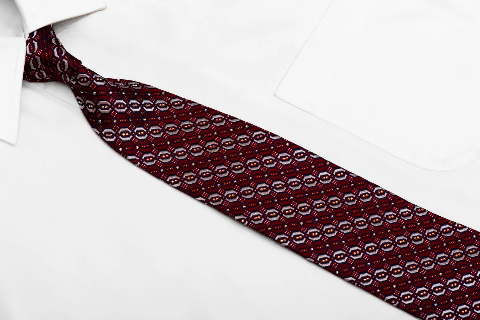 Silver Navy Geometric On Burgundy Rhinestone Silk Tie With Silver Sparkles