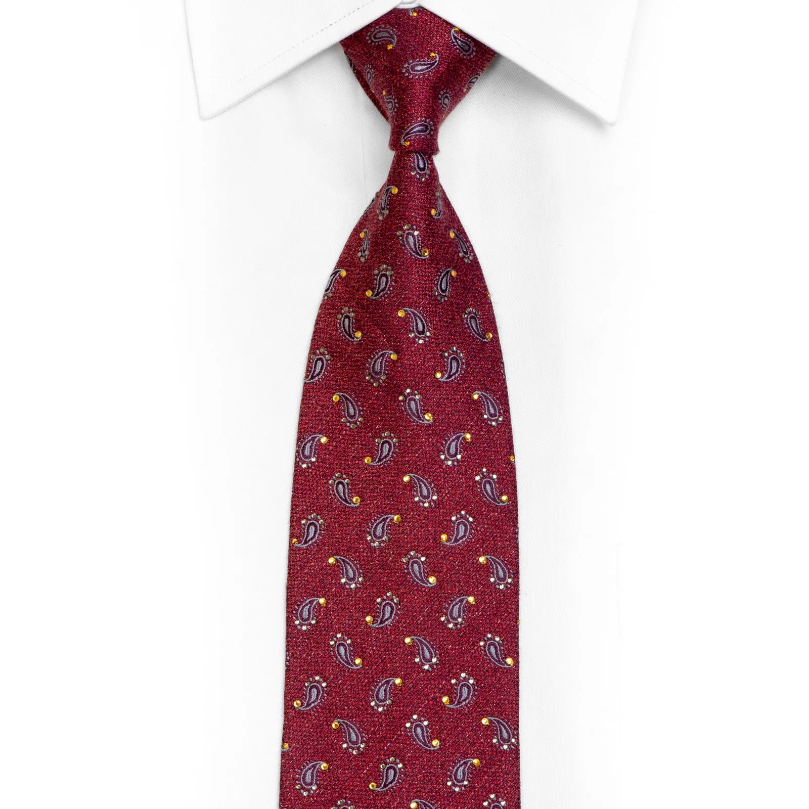 Silver Paisley On Burgundy Rhinestone Silk Necktie