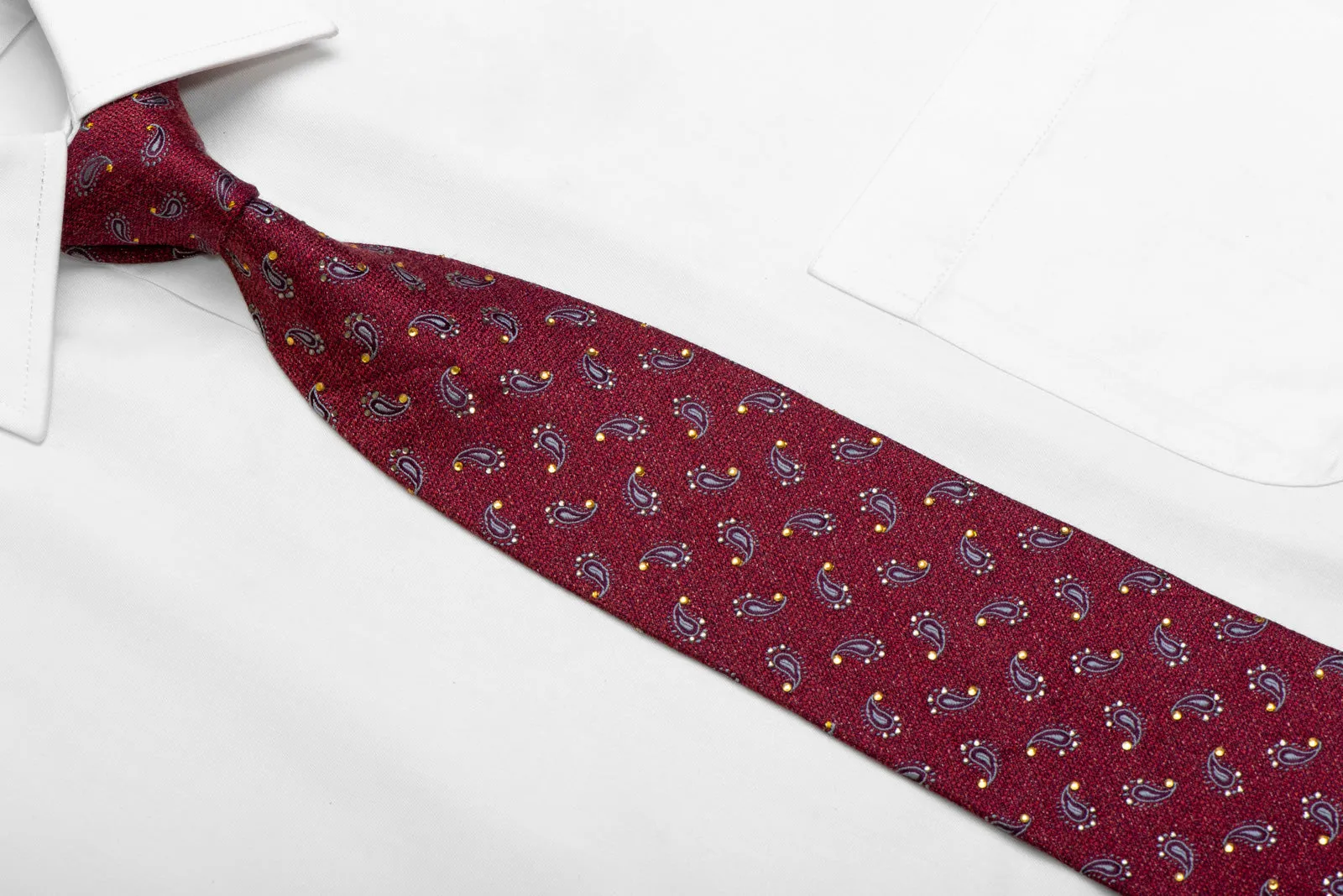 Silver Paisley On Burgundy Rhinestone Silk Necktie