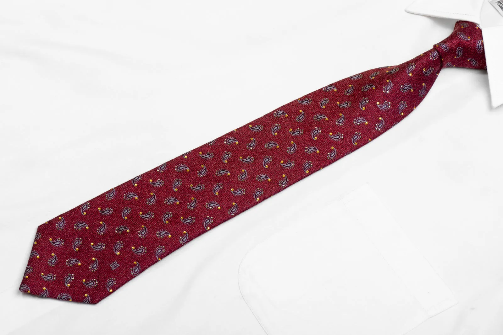 Silver Paisley On Burgundy Rhinestone Silk Necktie