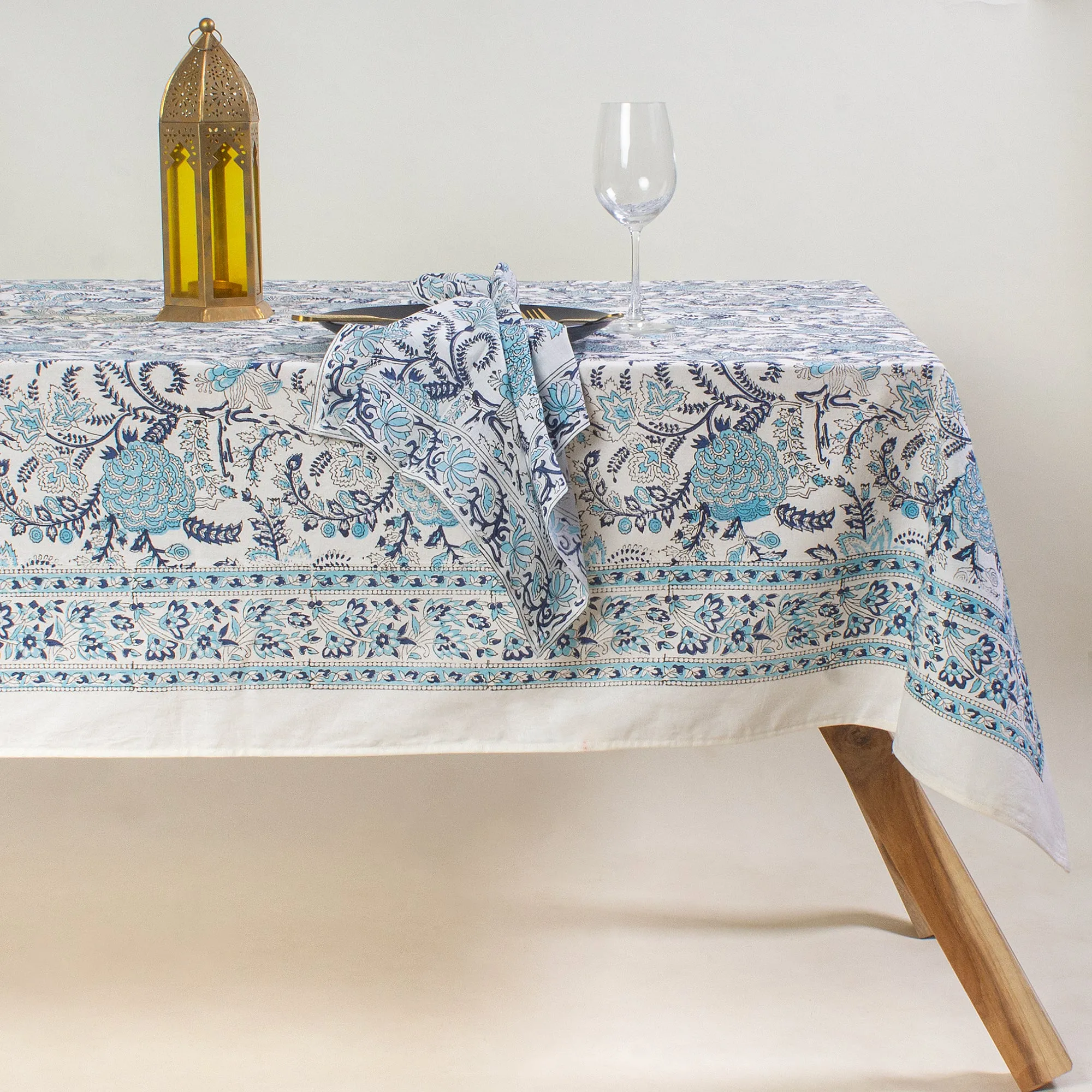 Sky Blue Hand Block Floral Print Pure Cotton Modern Dining Table Cover