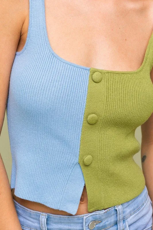 TEEK - Green Blue Color Block Button Front Sweater Top