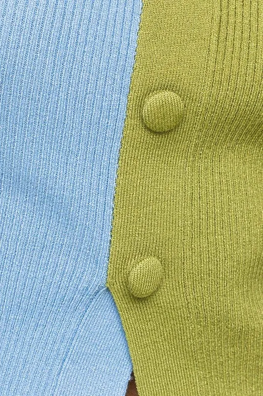 TEEK - Green Blue Color Block Button Front Sweater Top
