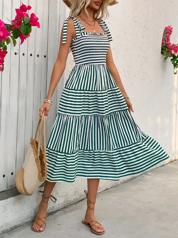 TEEK - Green Striped Tank Shoulder Tie Dress