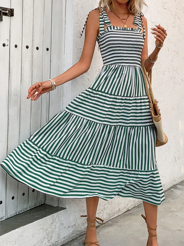 TEEK - Green Striped Tank Shoulder Tie Dress