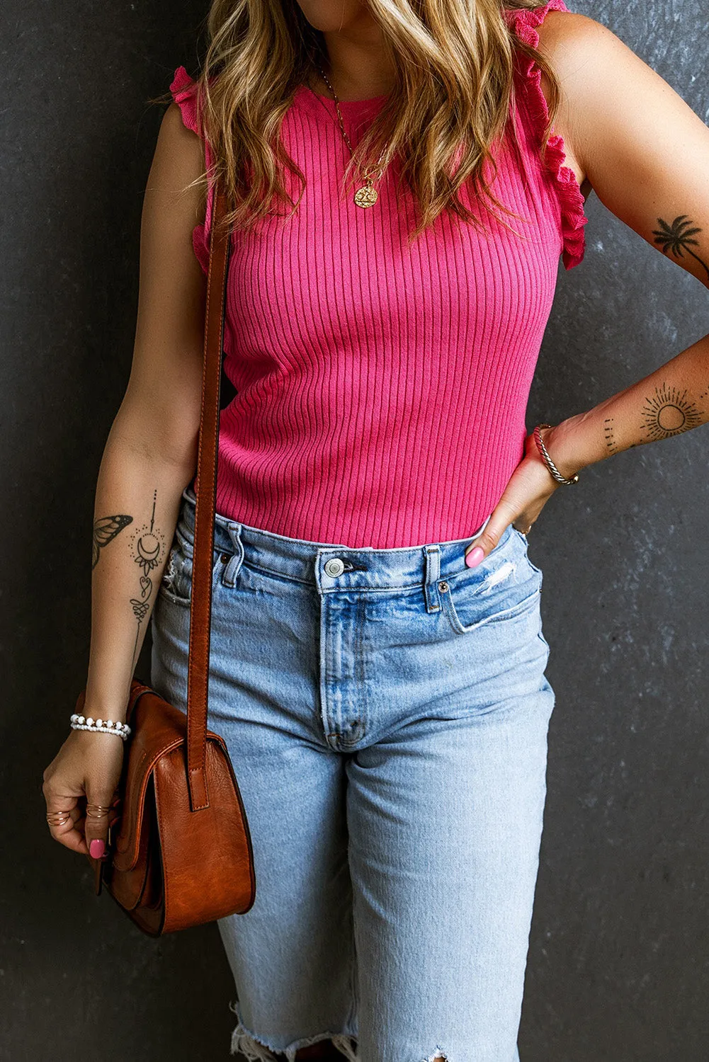 TEEK - Hot Pink Frill Round Neck Knit Top