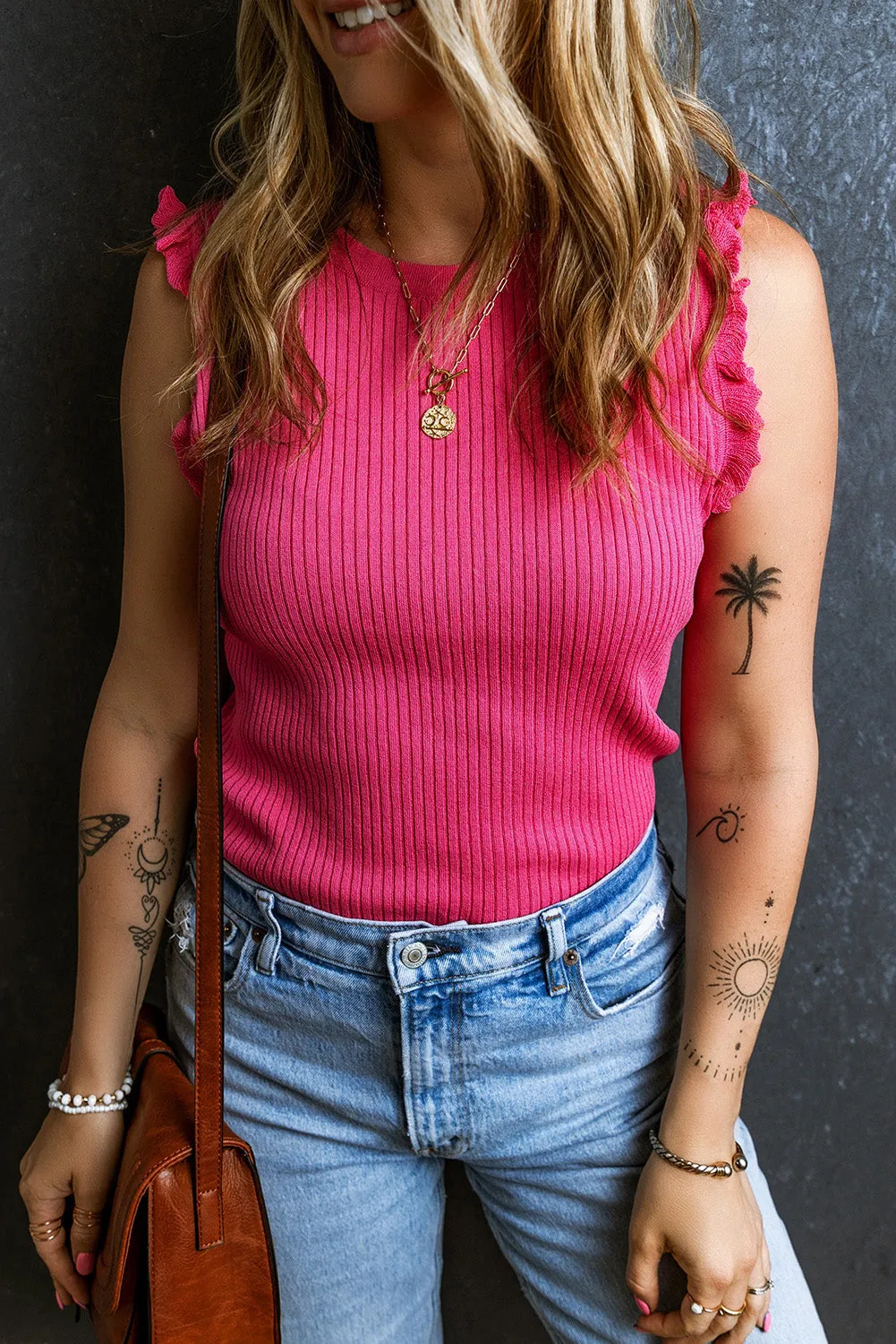 TEEK - Hot Pink Frill Round Neck Knit Top