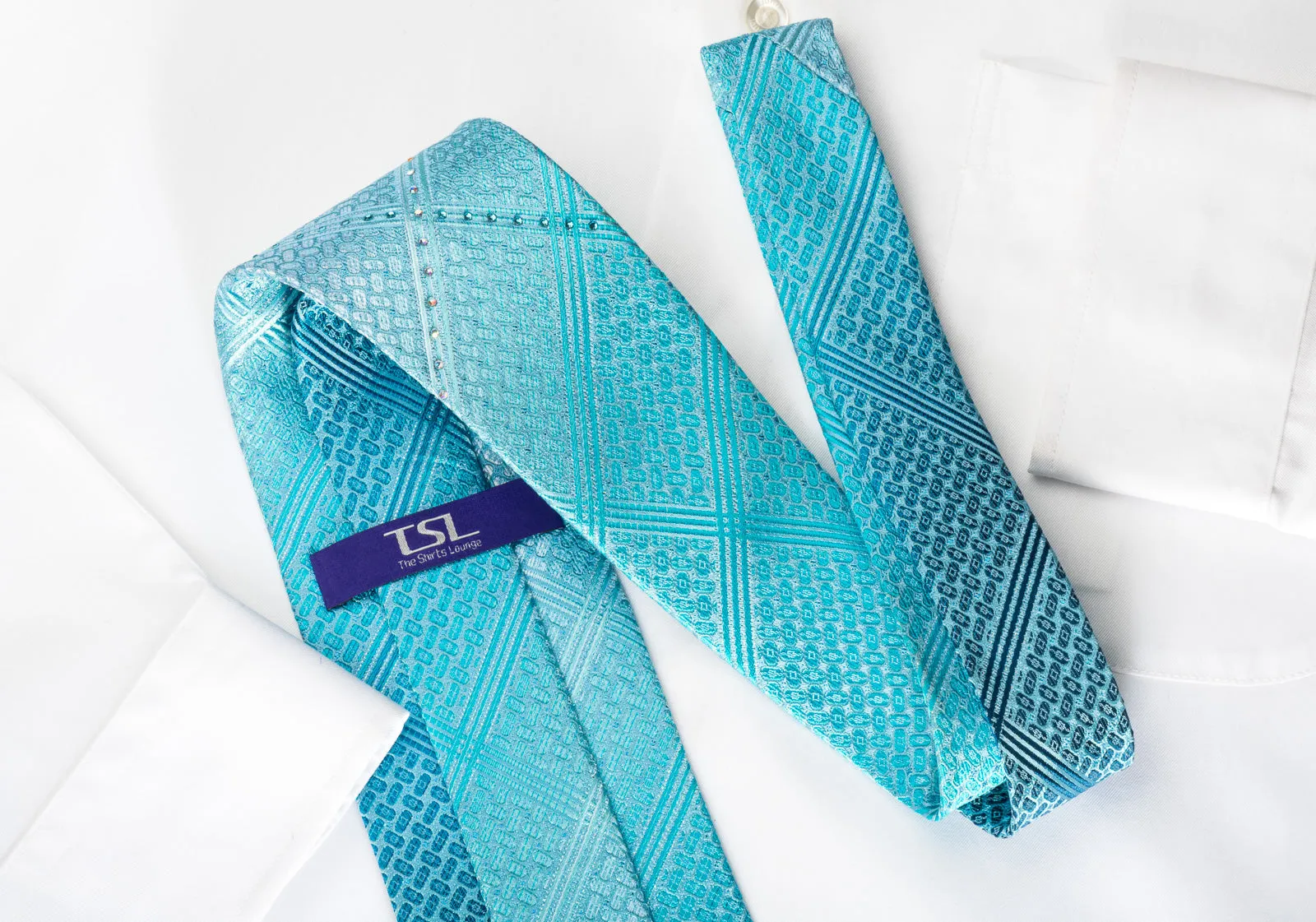 TLS Silk Rhinestone Necktie Stripes On Blue With Silver Sparkles