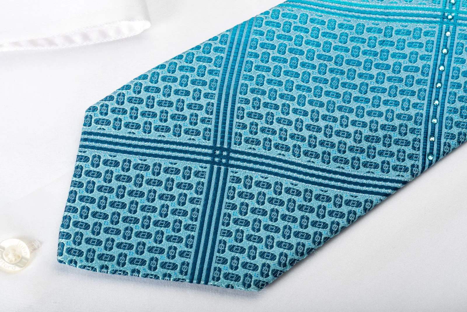 TLS Silk Rhinestone Necktie Stripes On Blue With Silver Sparkles