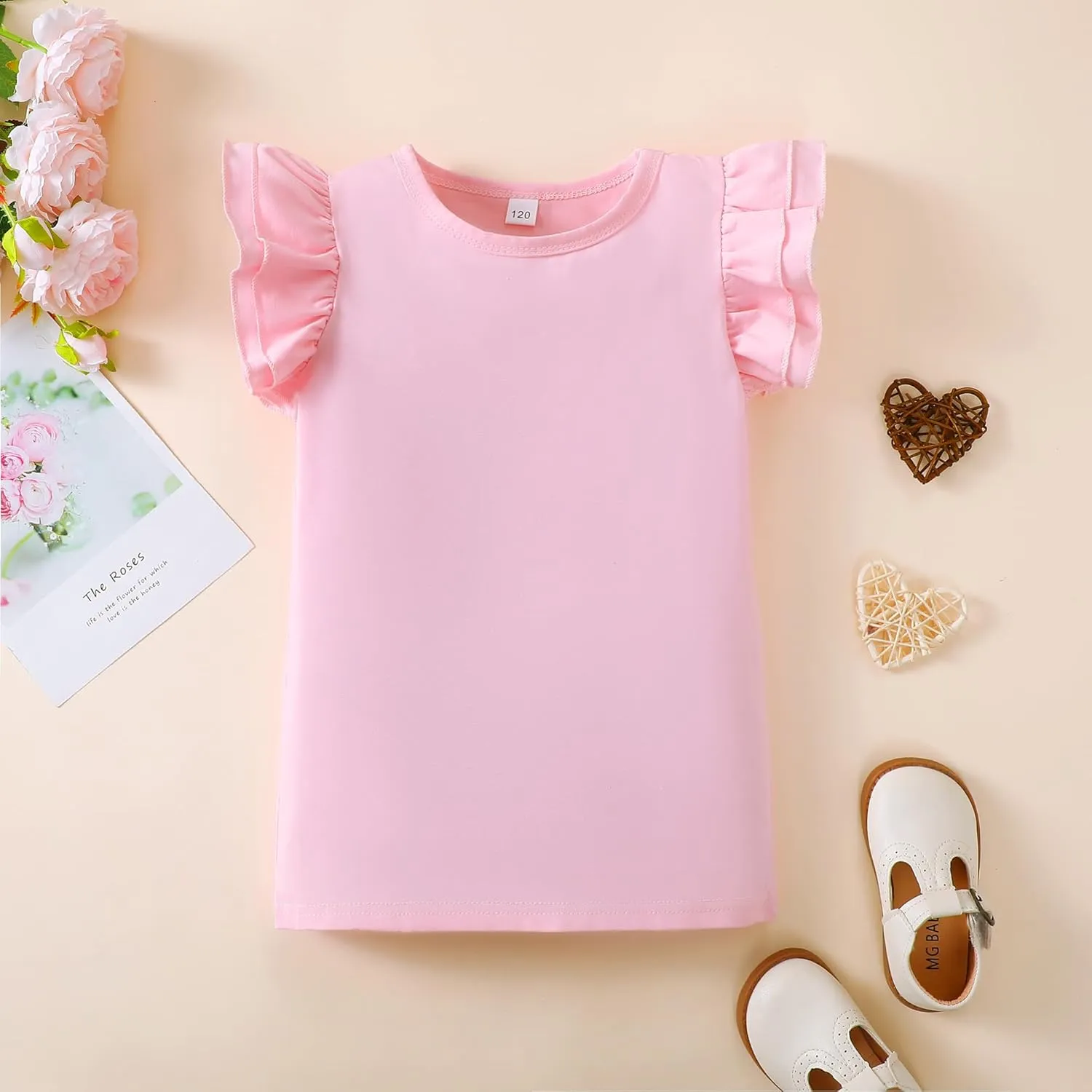 Toddler Baby Girl Shirt Outfit Solid Color Ruffle Flying Sleeve Cotton Tee Tops Kids Girl Blouse 1-7T
