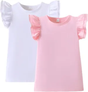 Toddler Baby Girl Shirt Outfit Solid Color Ruffle Flying Sleeve Cotton Tee Tops Kids Girl Blouse 1-7T