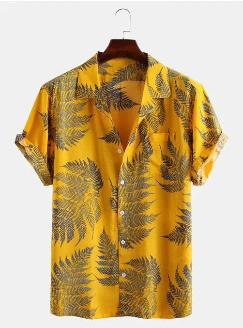 Wiaofellas  -  Mens Shirts Ethnic Short Sleeve Shirt Casual Cotton Linen Fashionable Printing Hawaiian Shirt Blouse New