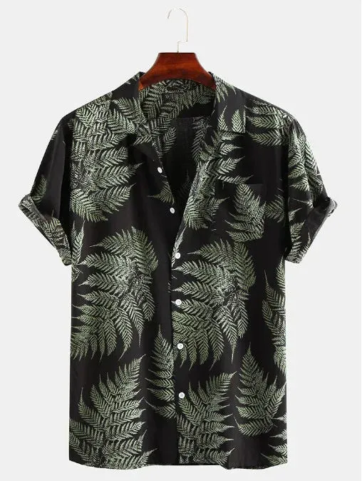 Wiaofellas  -  Mens Shirts Ethnic Short Sleeve Shirt Casual Cotton Linen Fashionable Printing Hawaiian Shirt Blouse New