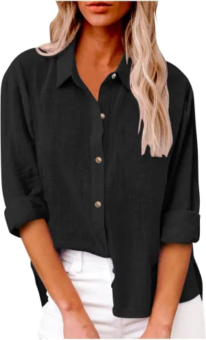 Women Oversized Button Down Gauze Dress Shirts Drop Shoulder Office Blouse Long Sleeve Boyfriend Shirts with Pocket