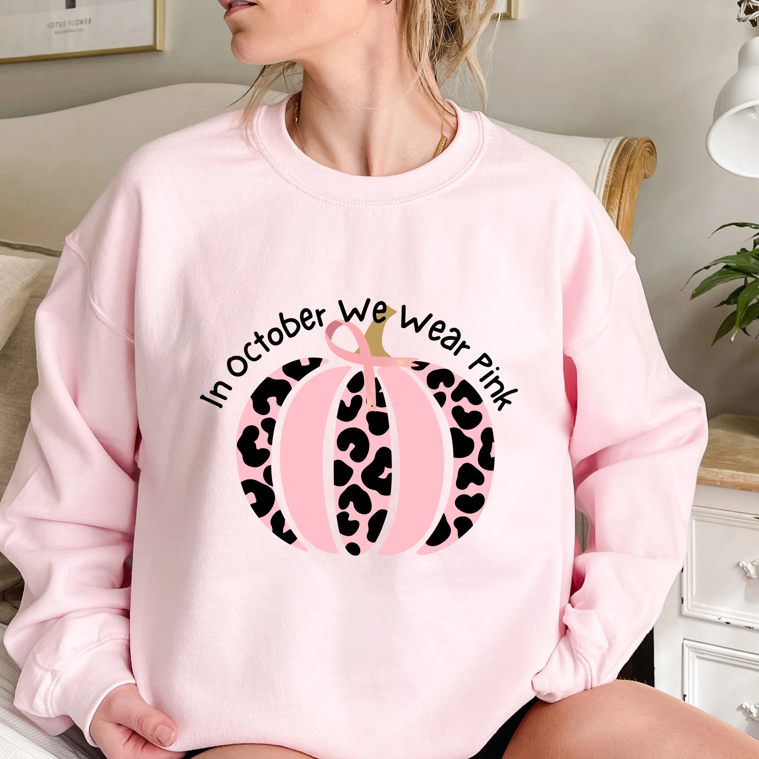 Women's In October We Wear Pink Crewneck Sweatshirt Breast Cancer Awareness Fall Cancer Pullover White, Light Pink or Heliconia Colors