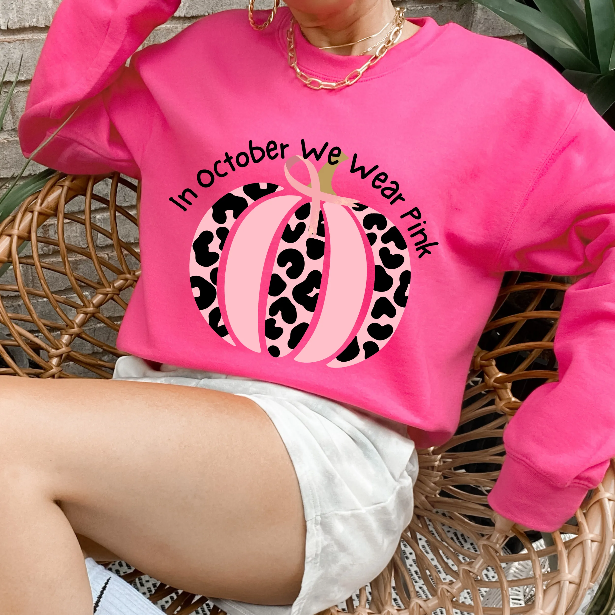 Women's In October We Wear Pink Crewneck Sweatshirt Breast Cancer Awareness Fall Cancer Pullover White, Light Pink or Heliconia Colors