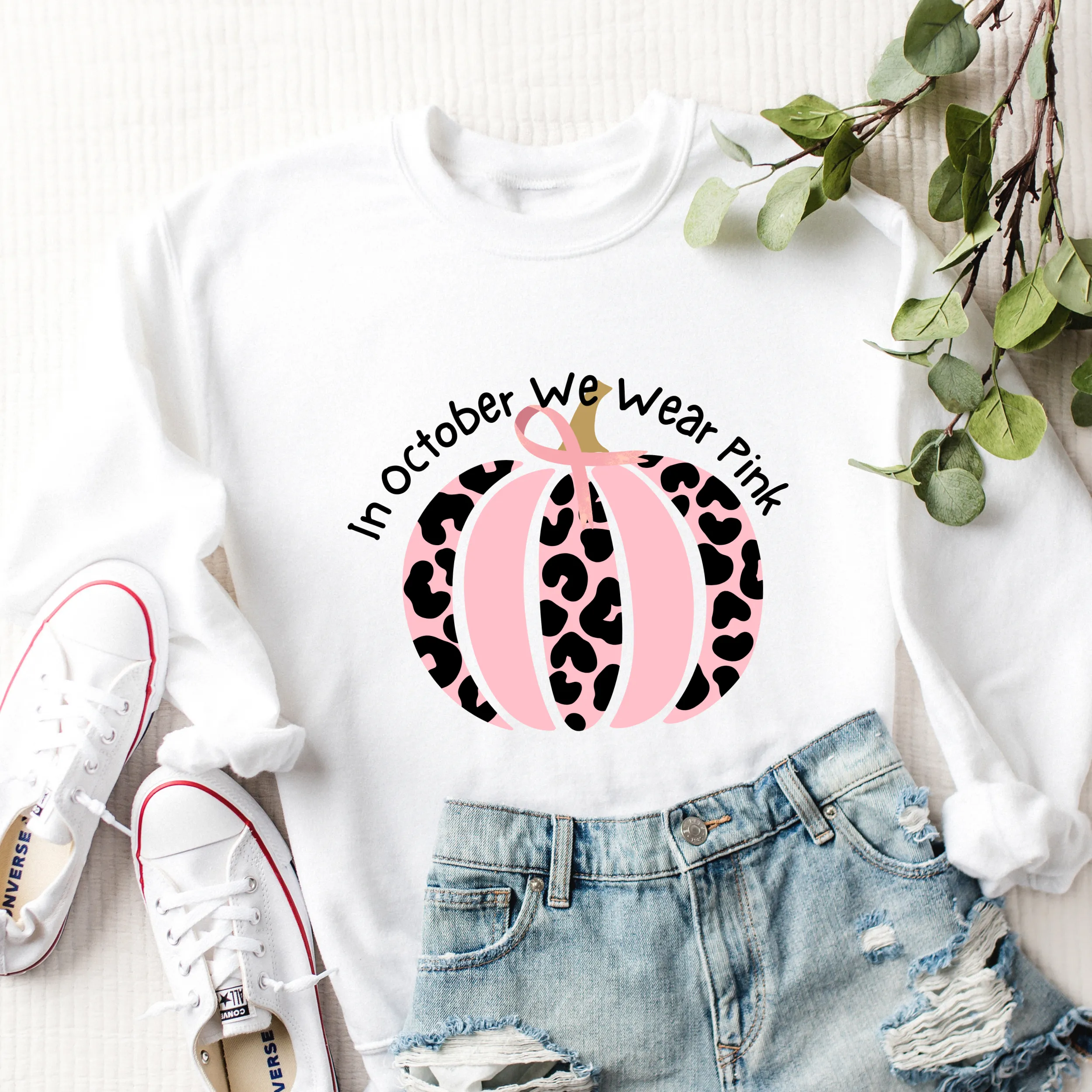 Women's In October We Wear Pink Crewneck Sweatshirt Breast Cancer Awareness Fall Cancer Pullover White, Light Pink or Heliconia Colors