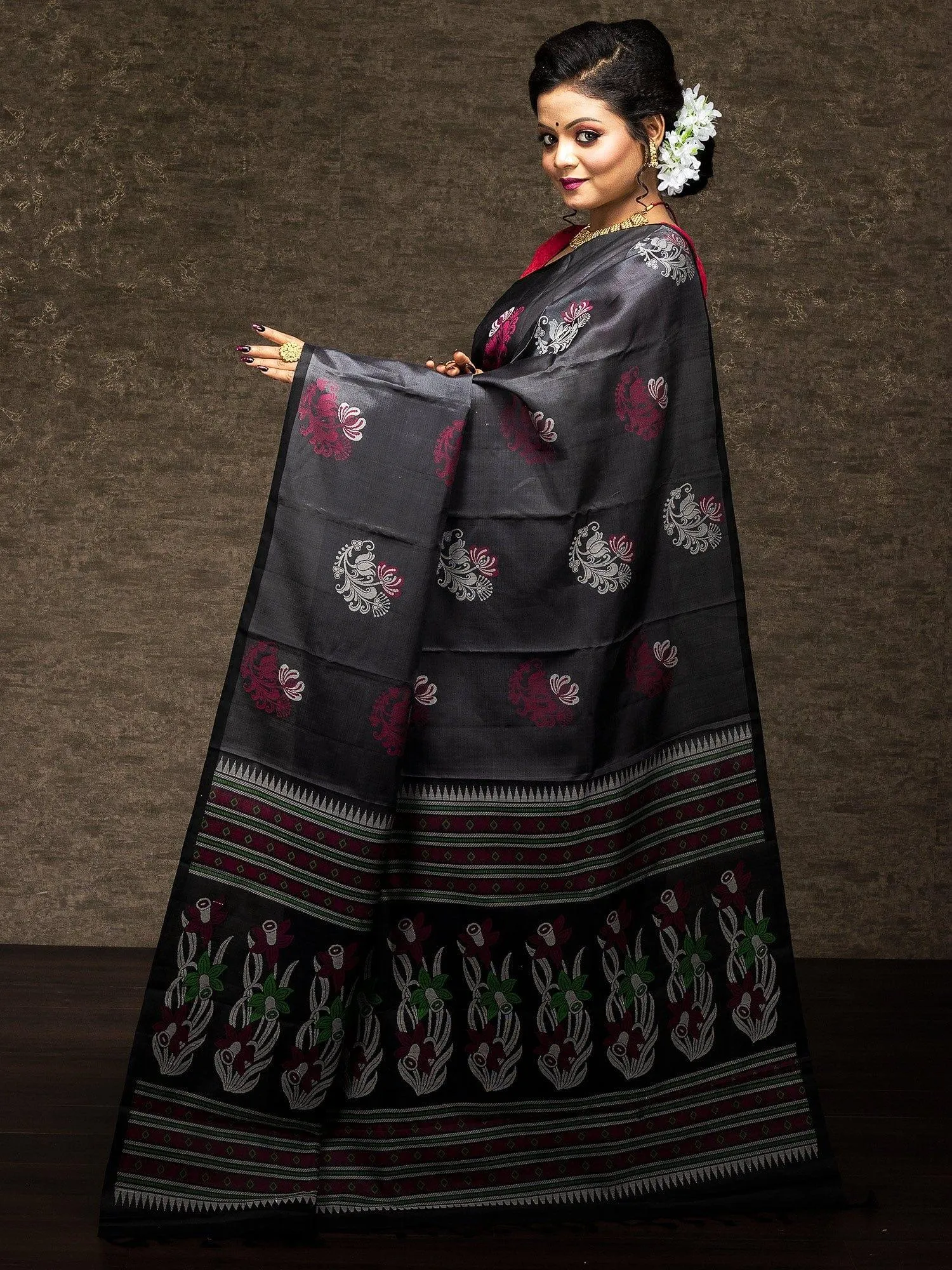 Wonderful Black Gray Kanchipuram Silk Saree