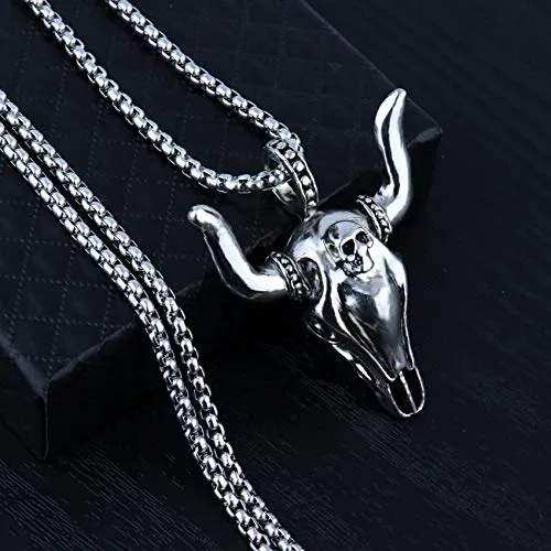 Yellow Chimes Pendant for Men and Boys Silver Pendants For Men | Silver Toned Stainless Steel Bull Head Skull Pendant Chain for Men | Birthday Gift for Men and Boys Anniversary Gift for Husband