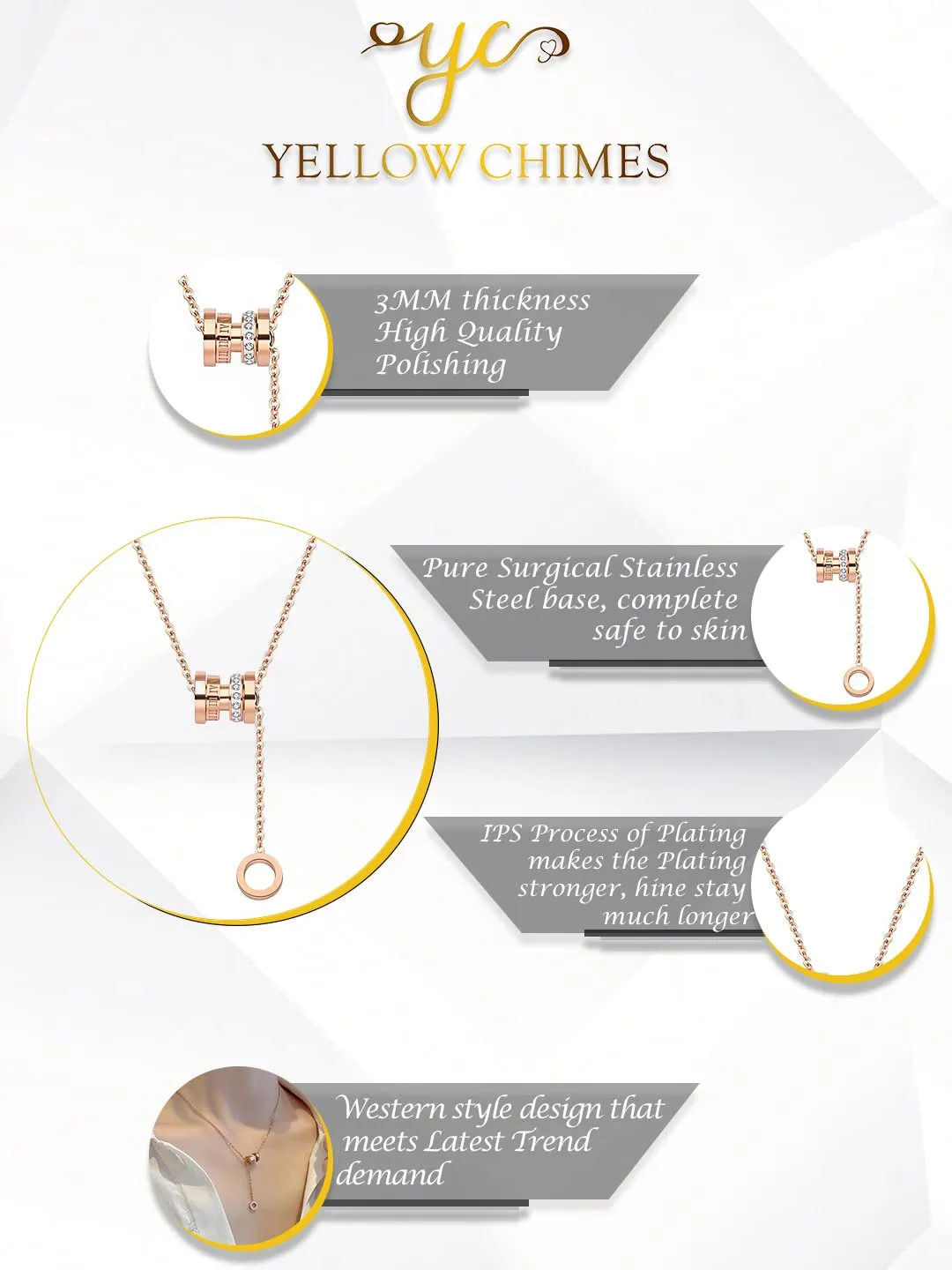 Yellow Chimes Rosegold Pendant for Women Stainless Steel Chain Pendant Western Style Roman Numbers Necklace For Women and Girls.
