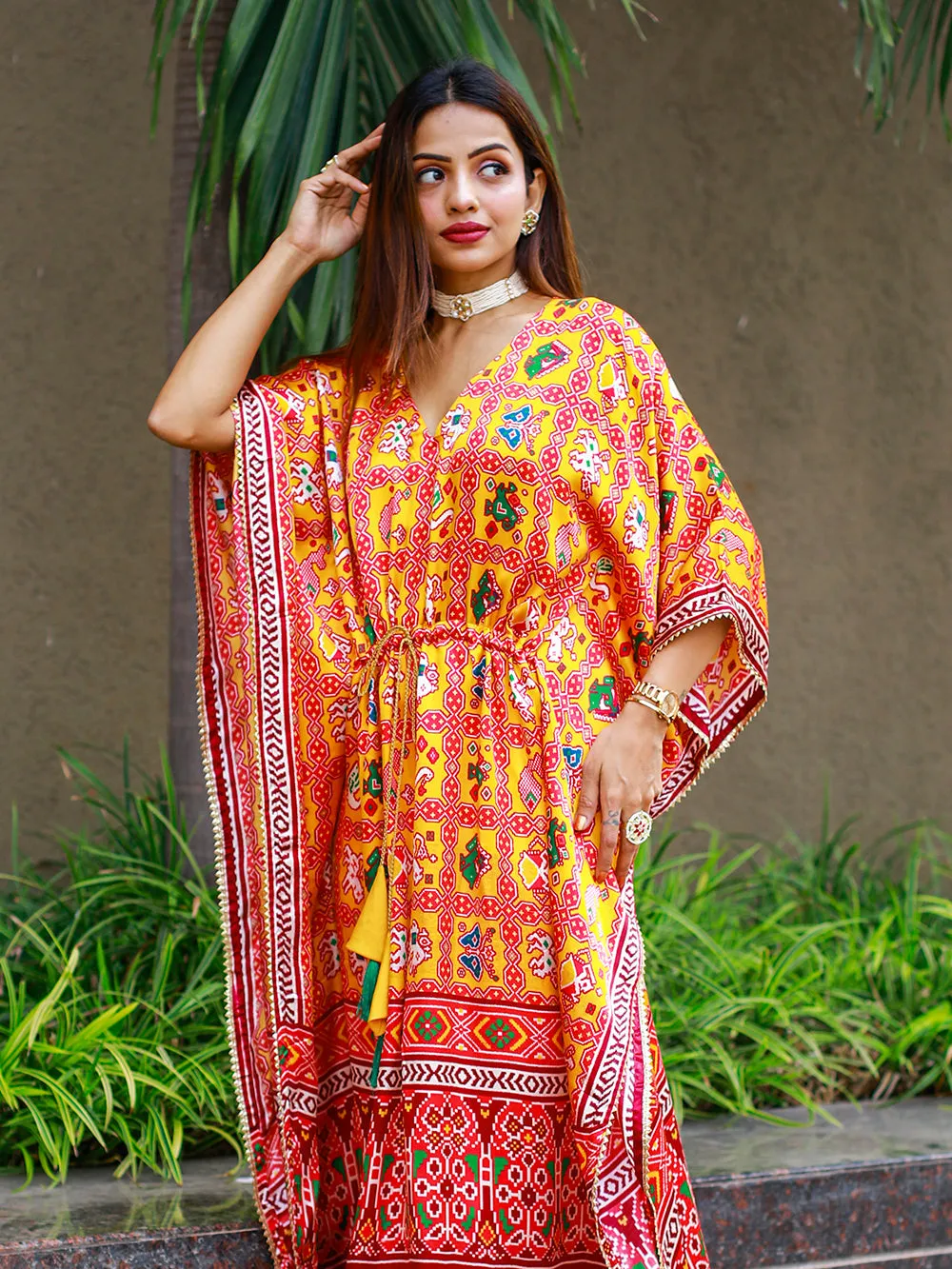 Yellow Color Bandhej Digital Print Pure Gaji Silk Kaftan
