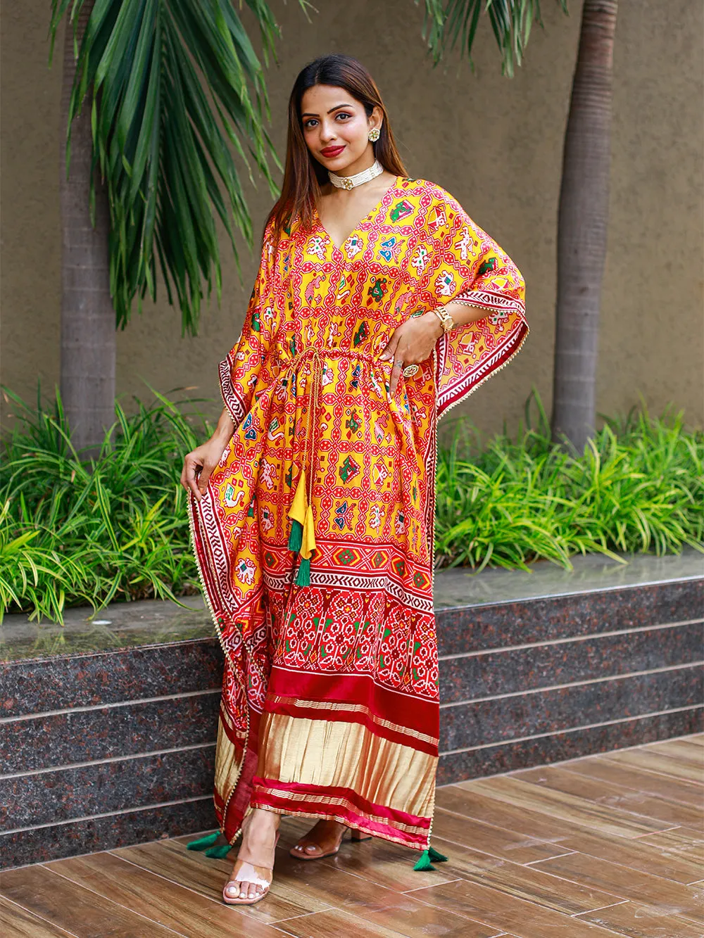 Yellow Color Bandhej Digital Print Pure Gaji Silk Kaftan