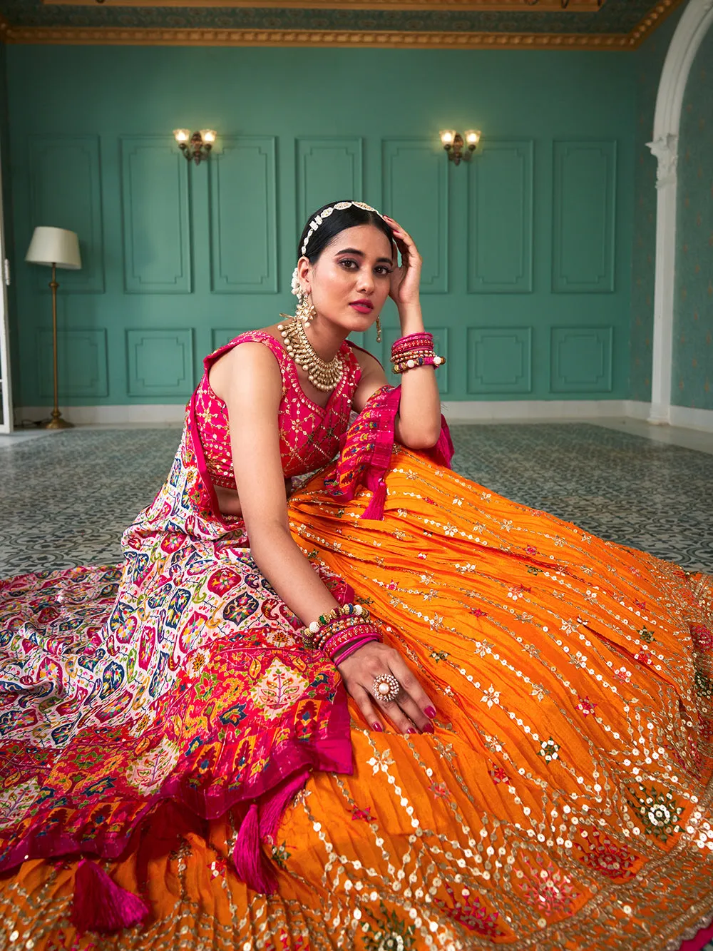 Yellow Color Sequin And Thread Embroidery Work Crushed Chinon Lehenga Choli