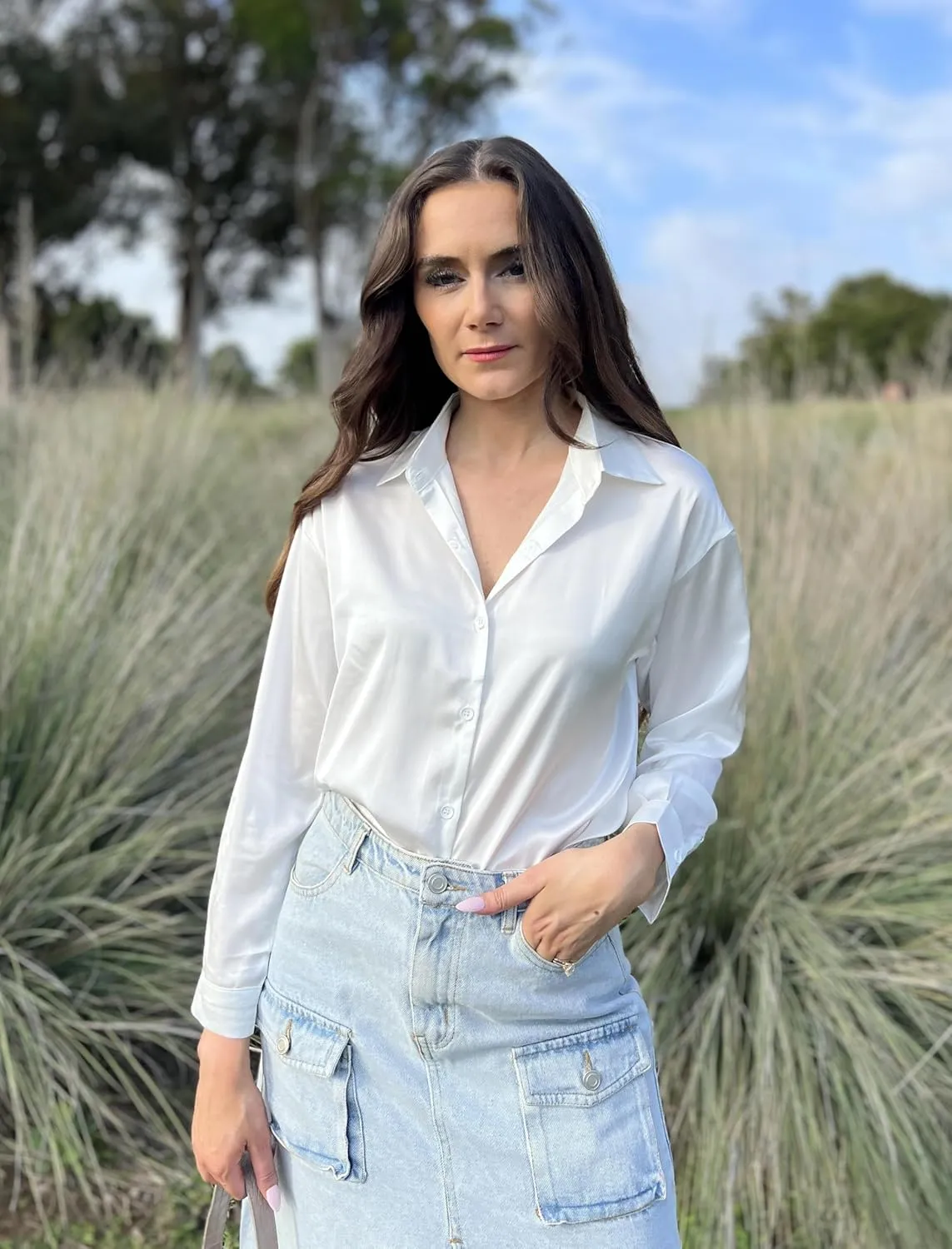 Zeagoo Blouses for Women Silk Button Down Shirts Casual Loose Long Sleeve Satin Top Business Work Tunic