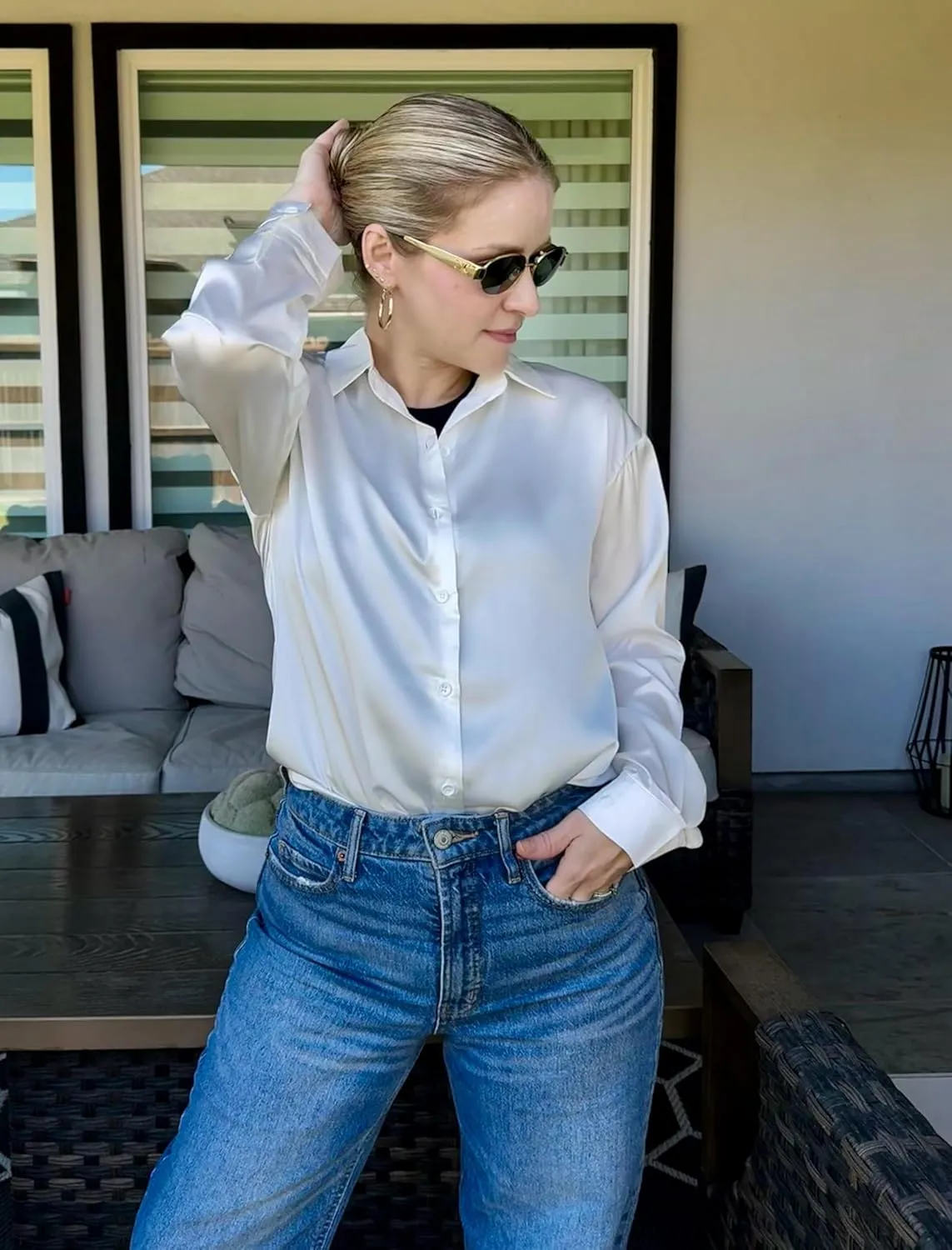 Zeagoo Blouses for Women Silk Button Down Shirts Casual Loose Long Sleeve Satin Top Business Work Tunic